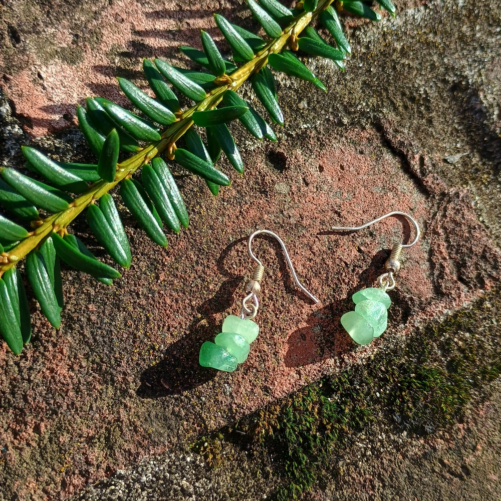 Artisan Crafted dainty stacked green aventurine dangle earrings, gorp core